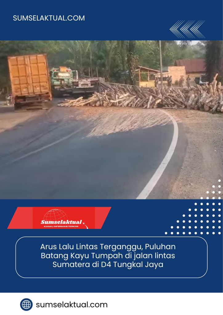 Arus Lalu Lintas Terganggu, Puluhan Batang Kayu Tumpah di jalan lintas Sumatera di D4 Tungkal Jaya