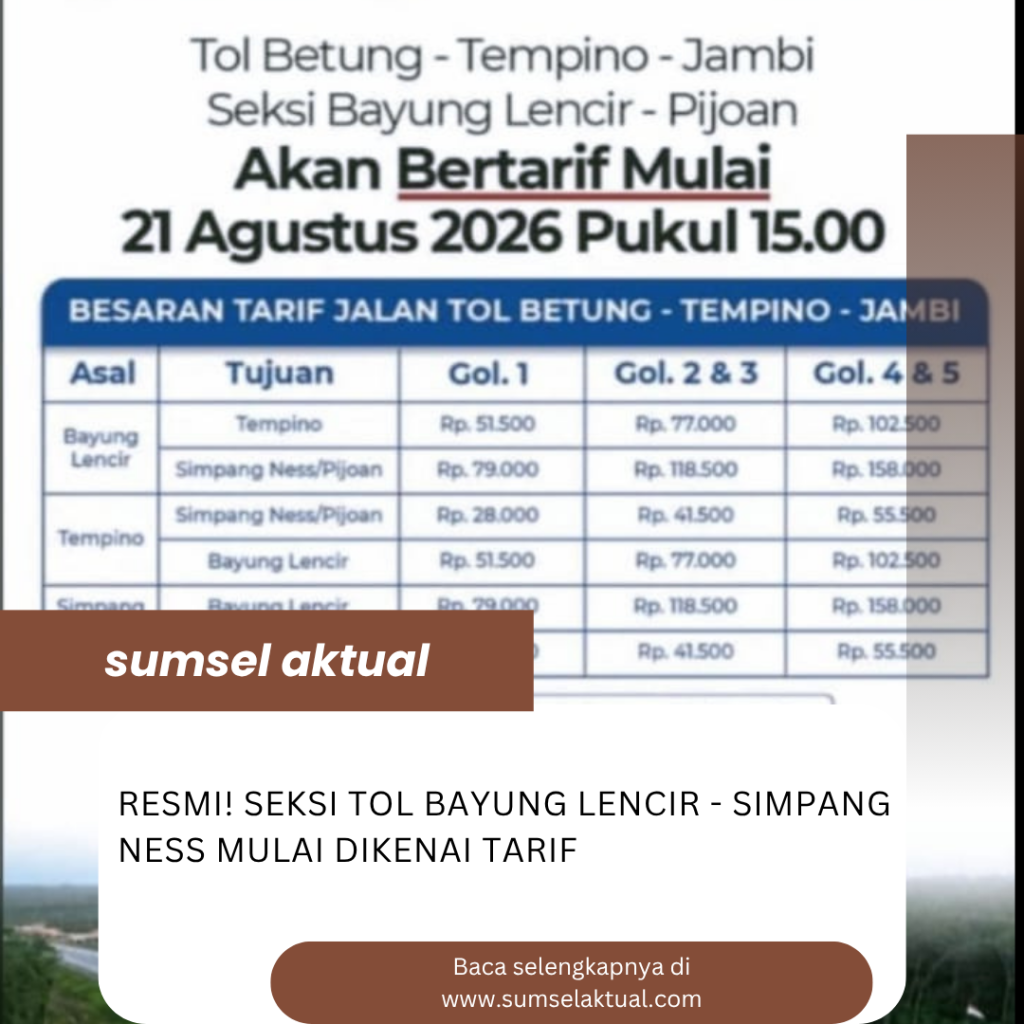 Resmi! Seksi Tol Bayung Lencir – Simpang Ness Mulai Dikenai Tarif